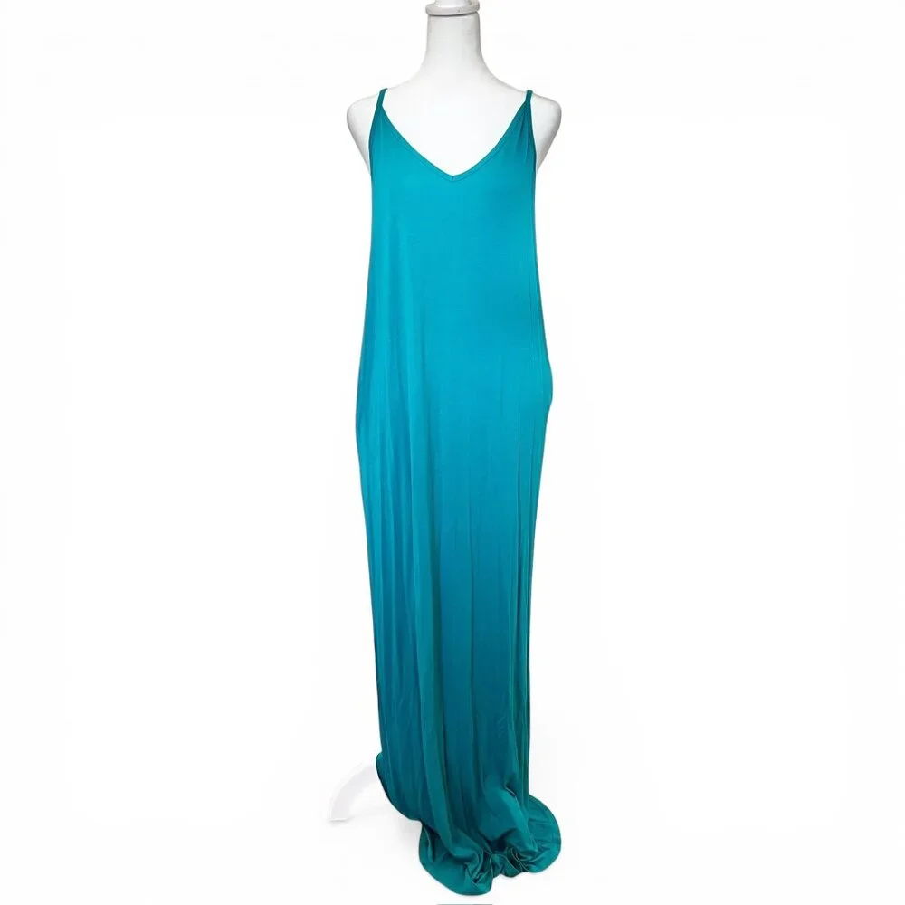 NWT Grecerelle Teal Turquoise Maxi Dress L Slit Pockets Boho Sleeveless Resort - Picture 2 of 5